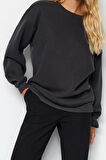Kadın Moda Oversize Bisiklet Yaka Düşük Kol Uzun Rahat Kesim Basic Kalın İçi polarlı Örme Sweatshirt