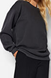 Kadın Moda Oversize Bisiklet Yaka Düşük Kol Uzun Rahat Kesim Basic Kalın İçi polarlı Örme Sweatshirt