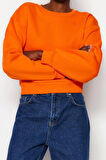 Kadın Moda Şık Crop Dik Yaka Düşük Kol Crop Rahat Kesim Crop Basic Kalın İçi polarlı Örme Sweatshirt