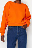 Kadın Moda Şık Crop Dik Yaka Düşük Kol Crop Rahat Kesim Crop Basic Kalın İçi polarlı Örme Sweatshirt
