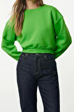 Kadın Moda Şık Crop Dik Yaka Düşük Kol Crop Rahat Kesim Crop Basic Kalın İçi polarlı Örme Sweatshirt