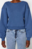 Kadın Moda Şık Crop Dik Yaka Düşük Kol Crop Rahat Kesim Crop Basic Kalın İçi polarlı Örme Sweatshirt