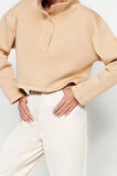 Kadın Crop Dik Yaka Standart Kol Crop Rahat Kesim Crop Çıtçıtlı Kalın İçi Polarlı Örme Sweatshirt