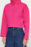 Kadın Crop Dik Yaka Standart Kol Crop Rahat Kesim Crop Çıtçıtlı Kalın İçi Polarlı Örme Sweatshirt