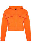 Kadın Kapüşonlu Standart Kol Rahat Kesim Crop Cep Detaylı Kalın İçi Polarlı Örme Sweatshirt