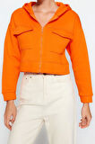 Kadın Kapüşonlu Standart Kol Rahat Kesim Crop Cep Detaylı Kalın İçi Polarlı Örme Sweatshirt