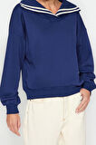 Kadın Regular Polo Yaka Standart Kol Regular Geniş Kalıp Triko Yaka Detaylı Diagonel Örme Sweatshirt