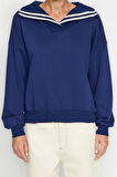 Kadın Regular Polo Yaka Standart Kol Regular Geniş Kalıp Triko Yaka Detaylı Diagonel Örme Sweatshirt