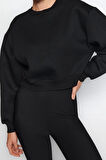 Kadın Bisiklet Yaka Düşük Kol Kalın İçi Polarlı Taş Detaylı Normal Kalıp Örme Sweatshirt