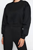 Kadın Bisiklet Yaka Düşük Kol Kalın İçi Polarlı Taş Detaylı Normal Kalıp Örme Sweatshirt