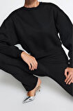 Kadın Bisiklet Yaka Düşük Kol Kalın İçi Polarlı Taş Detaylı Normal Kalıp Örme Sweatshirt