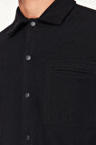 Erkek Moda Uzun Kol Dokuma Siyah Relaxed Fit Kaşe Çıt Çıt Kapamalı Kışlık Gömlek