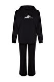 Kadın Moda Kapüşonlu Geniş Paça Uzun Kol Pamuklu Kedi Baskılı Sweatshirt-Pantolon Örme Pijama Takımı