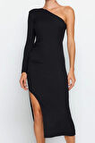 Kadın Moda Şık Midi Boy Asimetrik Yaka Fitted Vücuda Oturan Örme Şık Abiye Elbise