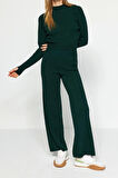 Kadın Moda Şık Boru Paça Crop Boy Uzun Kollu Crop Parmak Detaylı Triko Alt-Üst Takım