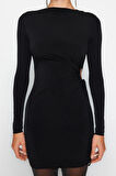 Yeni Fit Mezuniyet Balo Sandy Örme Kayık Yaka Uzun Kol Bodycone Mini Boy Elbise