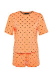 Kadın Bisiklet Yaka Boru Paça Kısa Kol %100 Pamuklu Kalp Desenli T-shirt-Şort Örme Pijama Takımı