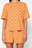 Kadın Bisiklet Yaka Boru Paça Kısa Kol %100 Pamuklu Kalp Desenli T-shirt-Şort Örme Pijama Takımı