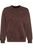 Kadın Regular Bisiklet Yaka Düşük Kol Regular Eskitme Kalın İçi Polarlı İnci Detaylı Örme Sweatshirt