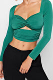 Kadın Moda Şık Crop Kalp Yaka Fitted Kalıp Örme Pencere Cut Out Detaylı Bluz TPRAW24BZ00028