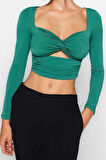 Kadın Moda Şık Crop Kalp Yaka Fitted Kalıp Örme Pencere Cut Out Detaylı Bluz TPRAW24BZ00028