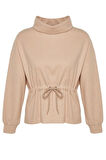 Kadın Moda Regular Dik Yaka Standart Kol Regular Selanik Triko Büzgülü Normal Kalıp Örme Sweatshirt