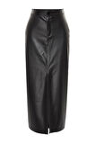 Kadın Moda Stil Maxi Astarsız Örme Yırtmaçlı Suni Deri Yüksek Bel Maxi Örme Etek