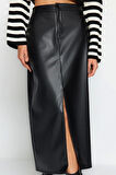 Kadın Moda Stil Maxi Astarsız Örme Yırtmaçlı Suni Deri Yüksek Bel Maxi Örme Etek