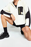 Kadın Oversize Fermuarlı Yaka Düşük Kol Paraşüt Kumaş Detaylı Peluş Geniş Kalıp Örme Spor Sweatshirt