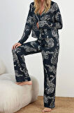 Kadın Moda Şık Gömlek Yaka Boru Paça Uzun Kol Kaplan Desenli Viskon Dokuma Pijama Takımı