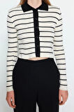 Kadın Moda Şık Crop Polo Yaka Slim Crop Çizgili Polo Yaka Triko Hırka