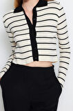 Kadın Moda Şık Crop Polo Yaka Slim Crop Çizgili Polo Yaka Triko Hırka
