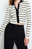 Kadın Moda Şık Crop Polo Yaka Slim Crop Çizgili Polo Yaka Triko Hırka