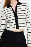 Kadın Moda Şık Crop Polo Yaka Slim Crop Çizgili Polo Yaka Triko Hırka