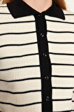 Kadın Moda Şık Crop Polo Yaka Slim Crop Çizgili Polo Yaka Triko Hırka