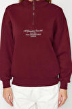 Kadın Moda Bol Fermuarlı Yaka Düşük Kol Uzun Kalın İçi Polarlı Fermuarlı Geniş Kalıp Örme Sweatshirt