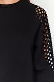 Kadın Bisiklet Yaka Düşük Kol File Detaylı Kalın İçi Polarlı Normal Kalıp Örme Sweatshirt