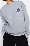 Kadın Regular Bisiklet Yaka Düşük Kol Regular Kalın İçi Polarlı Baskılı Normal Kalıp Örme Sweatshirt