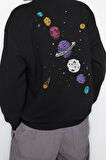 Kadın Regular Bisiklet Yaka Düşük Kol Regular Kalın İçi Polarlı Baskılı Normal Kalıp Örme Sweatshirt