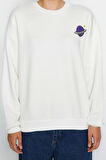 Kadın Regular Bisiklet Yaka Düşük Kol Regular Kalın İçi Polarlı Baskılı Normal Kalıp Örme Sweatshirt