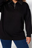 Kadın Büyük Beden Oversize Fermuarlı Yaka Düşük Kol Uzun Kalın İçi Polarlı Fermuarlı Örme Sweatshirt