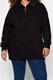 Kadın Büyük Beden Oversize Fermuarlı Yaka Düşük Kol Uzun Kalın İçi Polarlı Fermuarlı Örme Sweatshirt
