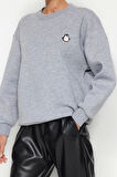 Kadın Bisiklet Yaka Standart Kol Animal Nakışlı Normal Kalıp Kalın İçi Polarlı Örme Sweatshirt