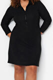 Kadın Moda Şık Büyük Beden Mini Boy Dik Yaka Relaxed Yumoş Örme Büyük Beden Elbise