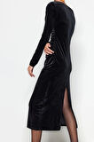 Kadın Moda Şık Midi Boy Kayık Yaka Slim Kadife Büzgülü Fitted Vücuda Oturan Esnek Örme Elbise