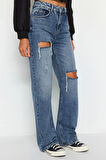 Kadın Moda Şık Kot Pantolon Geniş Paça Uzun Boy Denim Mavi Yırtıklı Yüksek Bel Jeans