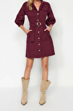 Yeni Regular Casual Günlük Gabardin Dokuma Ceket Yaka Truvakar Kol Kol Gömlek Elbise Mini Boy Elbise