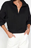 Kadın Fitted Fermuarlı Yaka Düşük Kol Crop Rahat Kesim Crop Fermuarlı Kalın Polarlı Örme Sweatshirt