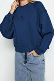 Kadın Moda Şık Regular Bisiklet Yaka Düşük Kol Crop Fit Nakışlı Kalın İçi Polarlı Örme Sweatshirt