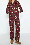 Kadın %100 Pamuk Bisiklet Yaka Uzun Kol Çok Renkli Ayıcık Desenli Ekoseli Örme Pijama Takımı